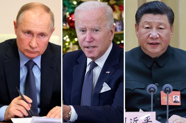 Vladimír Pútín, Joe Biden og Xi Jinping, forsetar Rússlands, Bandaríkjanna og Kína.