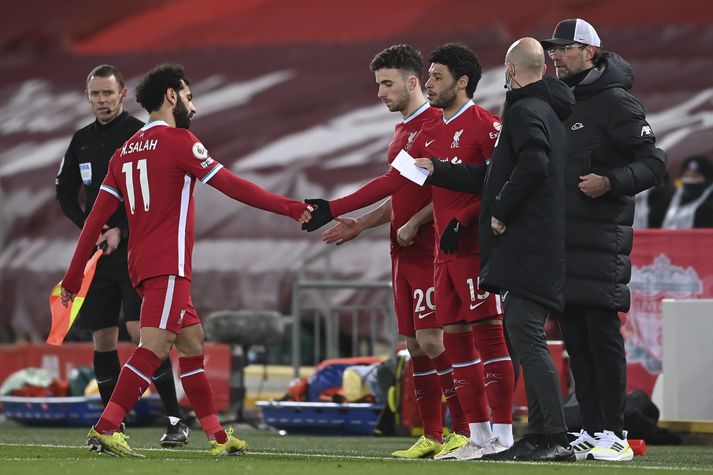 Mo Salah er eini leikmaður Liverpool til að skora á Anfield í síðustu sex leikjum. Markið kom úr vítaspyrnu í 1-4 tapi gegn Manchester City.