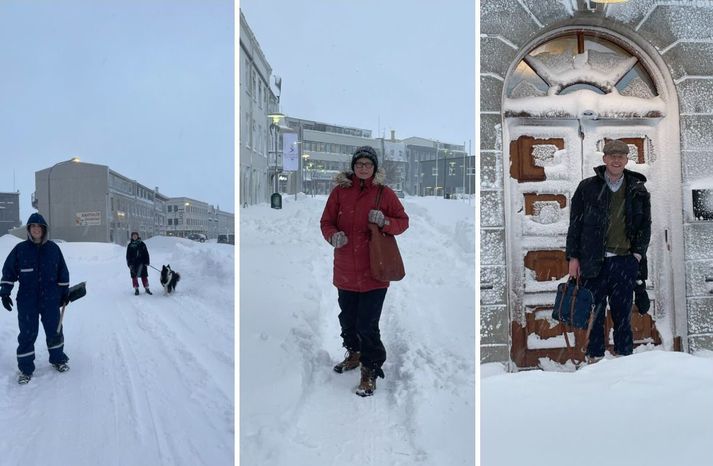 íbúar Ísafjarðar voru vel klædd og skóuð í morgunsárið. Bæjarstjórinn, Arna Lára Jónsdóttir, tók myndir af þeim á leið í vinnu í morgun.   Á myndunum eru Roberta Šoparaitė, Dóra Hlín Gísladóttir, sérfræðingur hjá Kerecis og svo Gylfi Ólafsson formaður bæjarráðs Ísafjarðarbæjar.