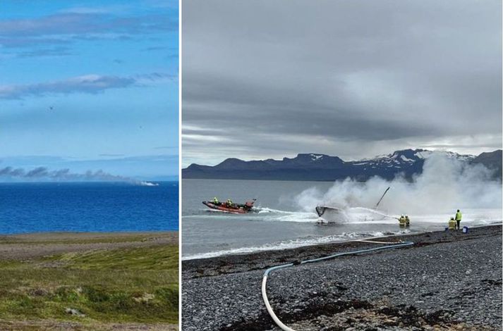 Mikinn reyk mátti sjá koma frá bátnum þegar fólk í nálægð varð vart við eldinn. Slökkt var í eldinum á endanum uppi í fjöru. 