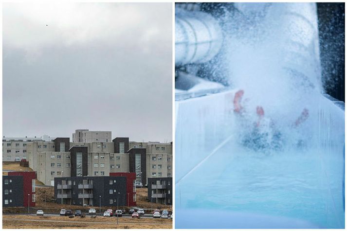 Nýju rennibrautirnar voru vígðar um tveimur árum eftir að sundlaugin var opnuð.