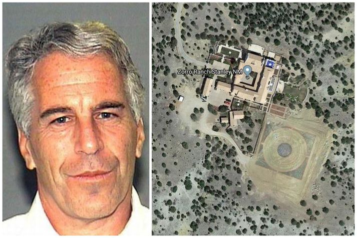 Jeffrey Epstein sést hér til vinstri á mynd. Til hægri má sjá gervihnattarmynd af búgarði hans í Nýju-Mexíkó í Bandaríkjunum.