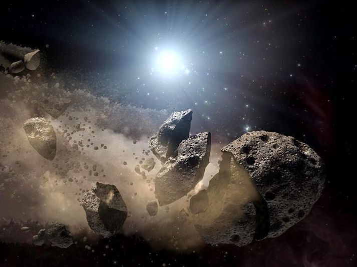 Svona sjá vísinda- menn NASA fyrir sér að smástirni hafi brotnað upp og hluti þess lent á jörðu. Nýjustu rannsóknir hafa útilokað Baptistina-smástirnið sem uppruna loftsteinsins.Mynd/NASA
