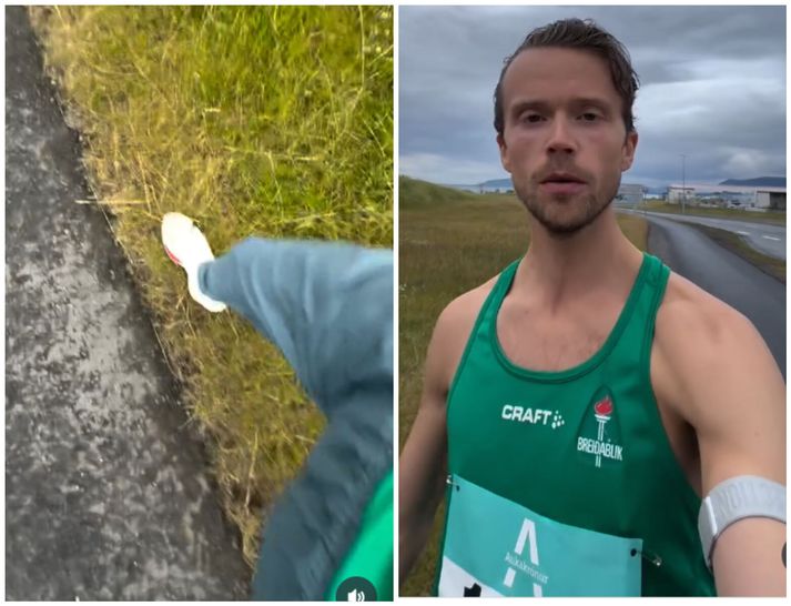 Arnar Pétursson sýndi staðinn þar sem hann tók þrjú skref utan brautar í tíu kílómetra hlaupi og var dæmdur úr leik.