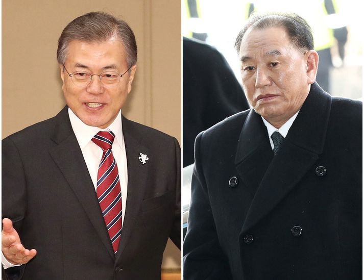Moon Jae-in, forseti Suður Kóreu, og norður kóreski hershöfðinginn Kim Yong-chol