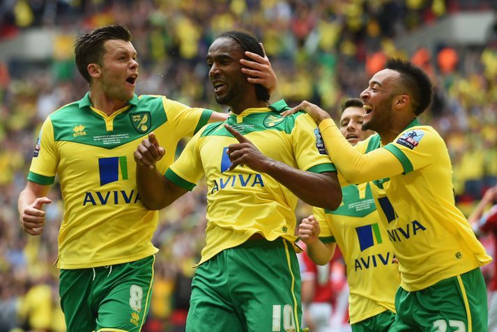 Leikmenn Norwich fagna marki Cameron Jerome.