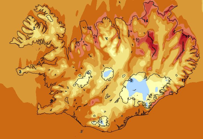 Hitaspáin fyrir klukkan þrjú í dag.