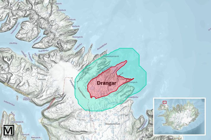 Með friðlýsingunni mætti ekki reisa ný mannvirki í fimm kílómetra radíus frá Drangajörðinni. Sjá má á kortinu hve langt það nær, um það bil, en það gæti haft áhrif á svæði þar sem virkjanaframkvæmdir eru fyrirhugaðar.