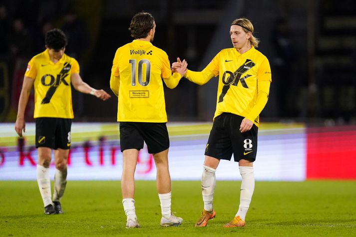 NAC Breda v Jong Ajax - Keuken Kampioen Divisie BREDA, NETHERLANDS - MARCH 13: Elias Mar Omarsson of NAC Breda interacts with Ody Velanas of NAC Breda during the Dutch Keukenkampioendivisie match between NAC Breda and Jong Ajax at Rat Verlegh Stadion on March 13, 2023 in Breda, Netherlands (Photo by Joris Verwijst/BSR Agency/Getty Images)