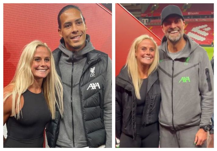 Sara Sigmundsdóttir ljómaði öll þegar hún fékk mynd af sér með þeim Jürgen Klopp og Virgil van Dijk.