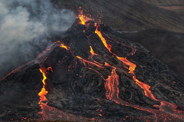 Frá gosstöðvunum í morgun.