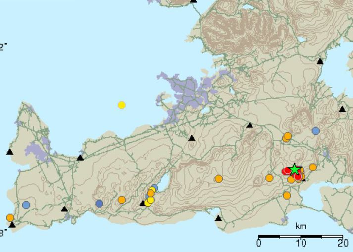Um þrjátíu eftirskjálftar hafa mælst, sá stærsti 2,1 um klukkan hálf tíu í morgun.