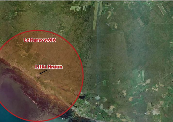 Leitarsvæðið sem björgunarsveitarmenn leita nú á, er um það bil svona stórt, eða 3 kílómetra radíus - það getur hinsvegar stækkað eftir því sem líður á daginn.