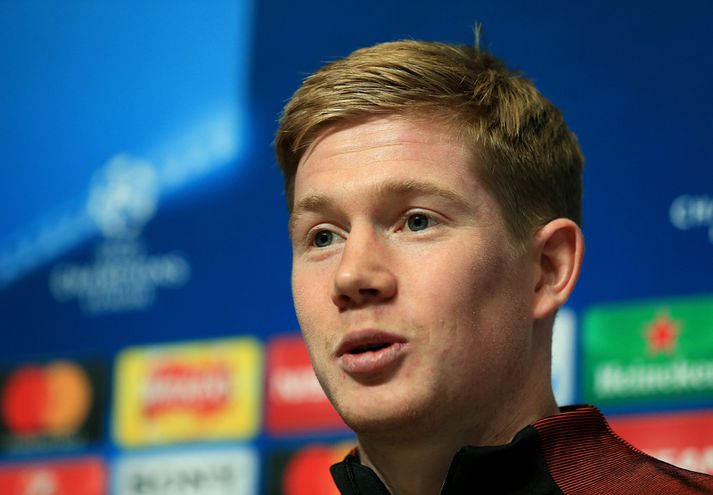 De Bruyne á blaðamannafundi City í gær.