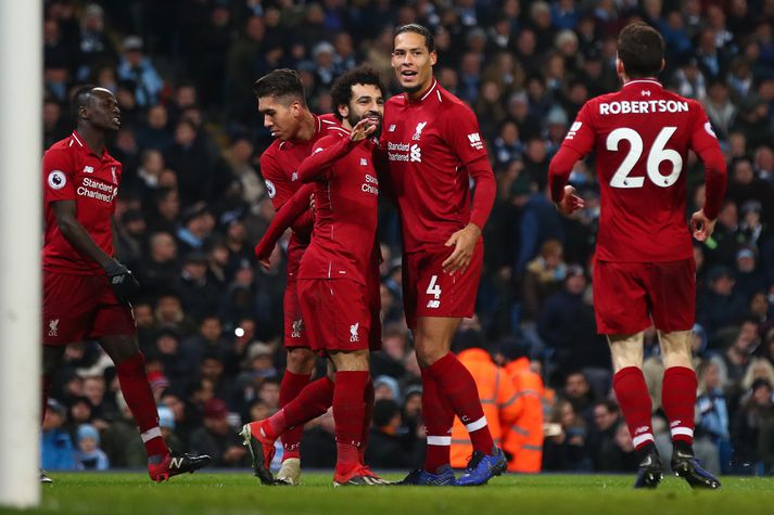 Mohamed Salah og Virgil van Dijk hjá Liverpool.