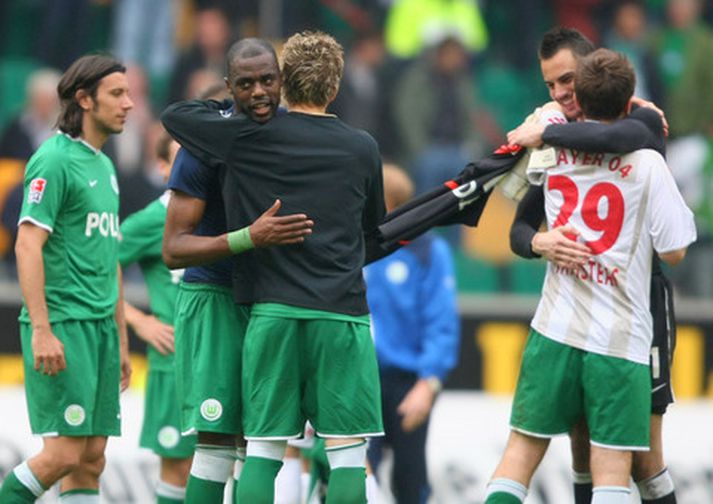 Leikmenn Wolfsburg fagna sigrinum í dag.