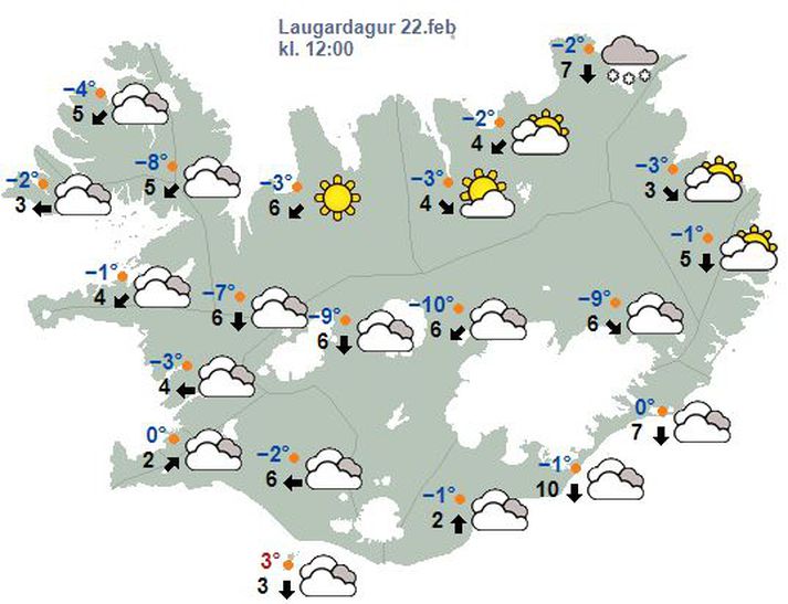 Spákortið fyrir hádegið í dag, eins og það lítur út klukkan 7.