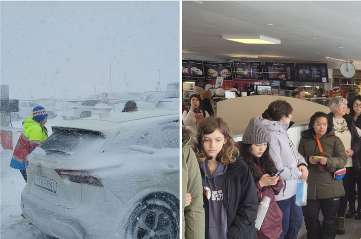 Skjótt skipast veður í lofti. Þessir ferðamenn, sem margir hverjir áttu flug til síns heima á morgun voru farnir að undirbúa það að gista nóttina á Kirkjubæjarklaustri eftir að hafa festst þar í blindbyl.