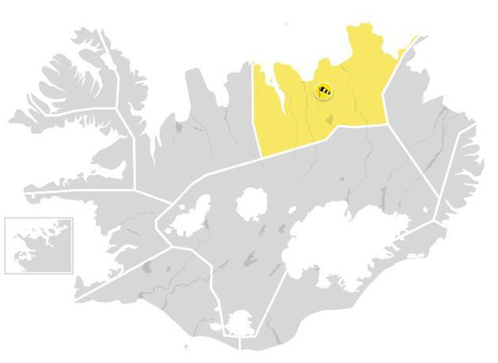 Gul viðvörun er á Norðurlandi eystra líkt og sjá má á kortinu.