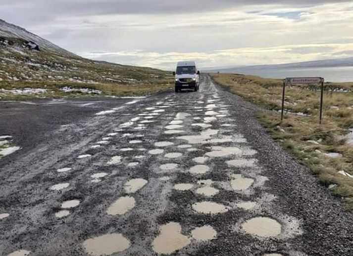 Börn sem fara veginn daglega með skólabíl eru oft veik þegar þau koma í skólann á Hvammstanga og þurfa þar góðan tíma til að jafna sig áður en þau geta farið að læra. Eins og sést á myndinni er ástand vegarins hrikalegt.