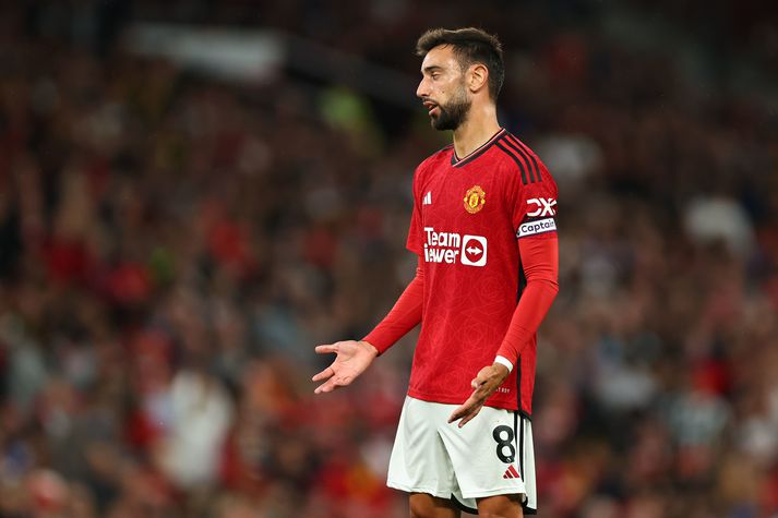 Bruno Fernandes kvartar yfir einhverju í leik Manchester United í gærkvöldi.