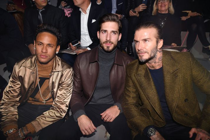 Neymar með þeim Kevin Trapp og David Beckham á tískusýningu í París.