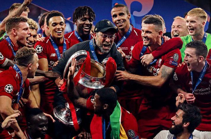 Liverpool fagnar sigri sínum í Meistaradeildinni vorið 2019.