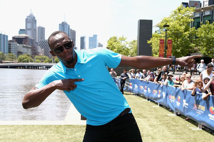 Bolt er hér að kynna mótið í Melbourne.