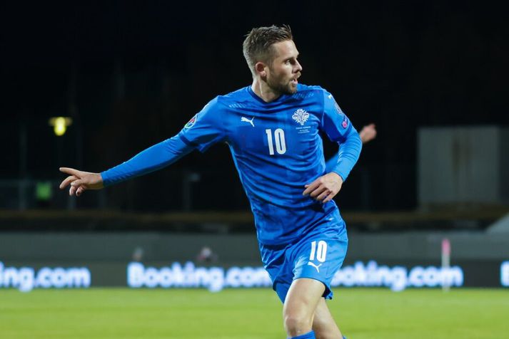Gylfi Þór Sigurðsson fagnar einu af fjölmörgum mörkum sínum fyrir íslenska landsliðið.