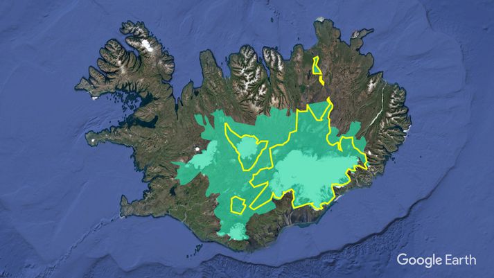 Ljósgræna svæðið sýnir tillögu stjórnvalda um nýjan Hálendisþjóðgarð en gulu línurnar marka núverandi þjóðgarða.