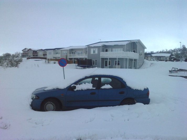 Snjór liggur enn yfir öllu á Egilsstöðum eins og þessi mynd Sigurðar Ingólfssonar sýnir, sem tekin var í morgun