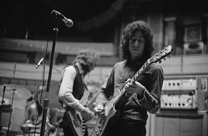 Peter Green ásamt hljómsveitinni undirbýr tónleika í Royal Albert Hall í Lundúnumí apríl 1969.
