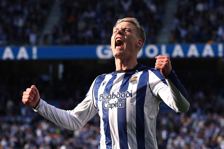 Orri fagnar hér seinna marki sínu í leik dagsins