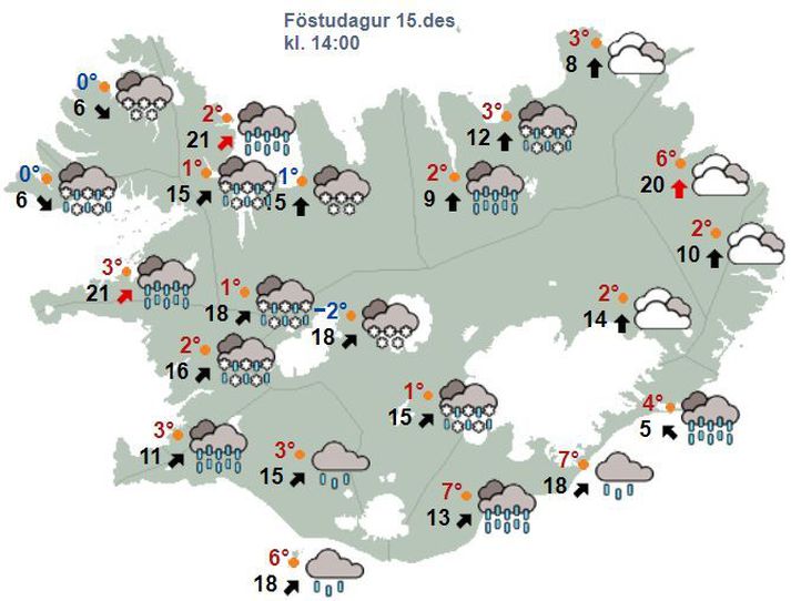 Það verður hvasst víða um land í dag. Svona verður staðan klukkan 14.