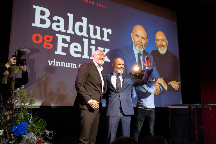 Baldur Þórhallsson og Felix Bergsson í Bæjarbíói í gær þar sem framboðið var tilkynnt.