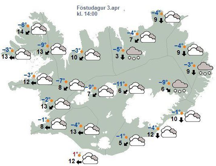 Spákort Veðurstofunnar fyrir klukkan 14, eins og það leit út í morgun.