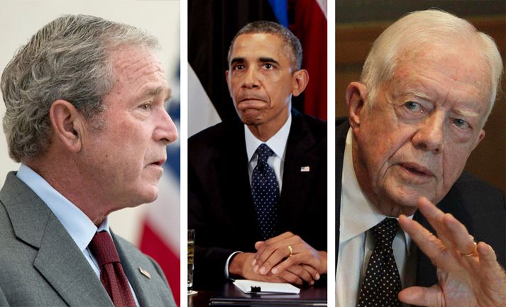 Frá vinstri: George Bush yngri (forseti frá 2001 til 2009), Barack Obama (forseti frá 2009) og Jimmy Carter (forseti frá 1977 til 1981).