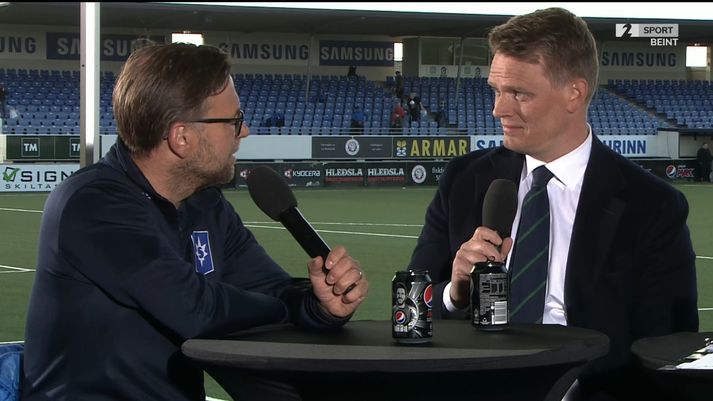 Rúnar Páll og Hjörvar Hafliðason í Pepsi Max-stúkunni á mánudagskvöldið.