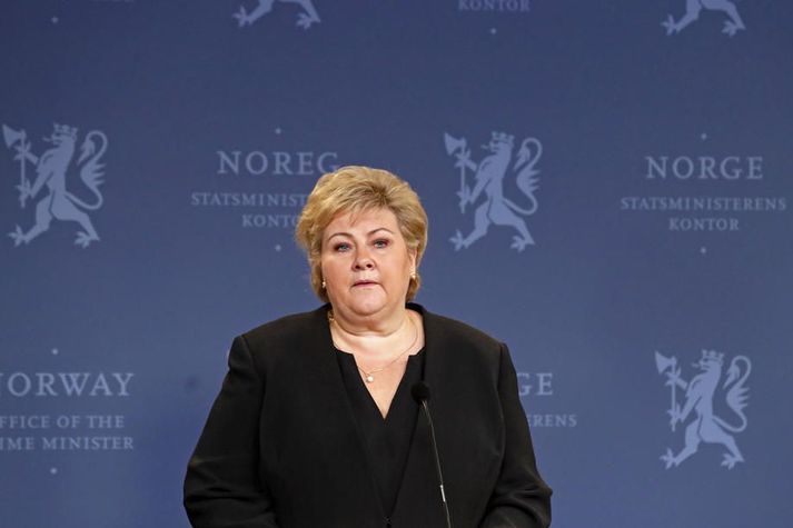 Erna Solberg, forsætisráðherra, lýsir aðgerðunum í Noregi sem þeim umfangsmestu á friðartímum. Myndin er úr safni.