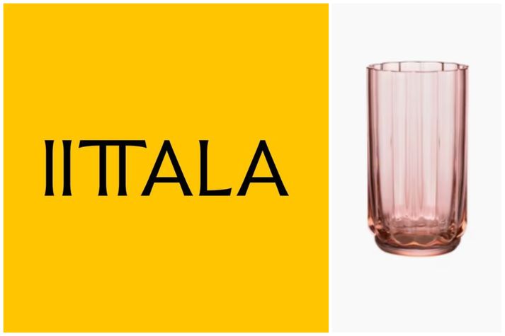 Til vinstri er nýtt logo Iittala og til hægri er glas úr nýrri línu nýs listræns stjórnanda, Play. 