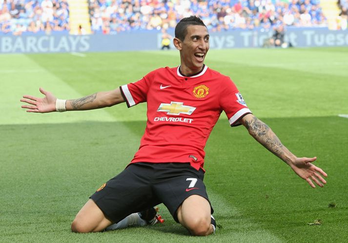 Di María fagnar frábæru marki sínu gegn Leicester City.