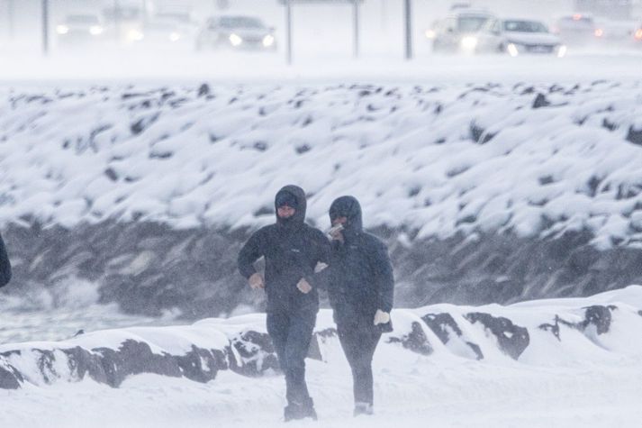 Vindurinn og élið ná hámarki fyrri part kvölds í dag. Veðrið róast morgun og í vikunni tekur við kuldakast.