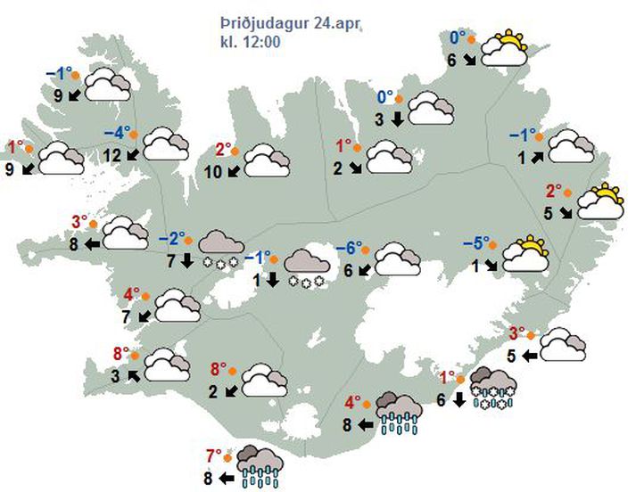 Þær eru ekki háar hitatölurnar sem spáð er fyrir hádegið í dag.