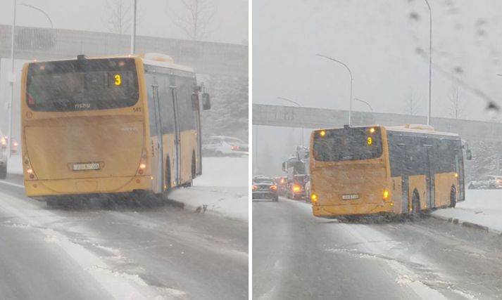 Vagnstjórar Strætó lentu í vandræðum í hálku í gær eins og aðrir ökumenn. Myndin er tekin á Miklubraut í átt að Ártúnsbrekku. 