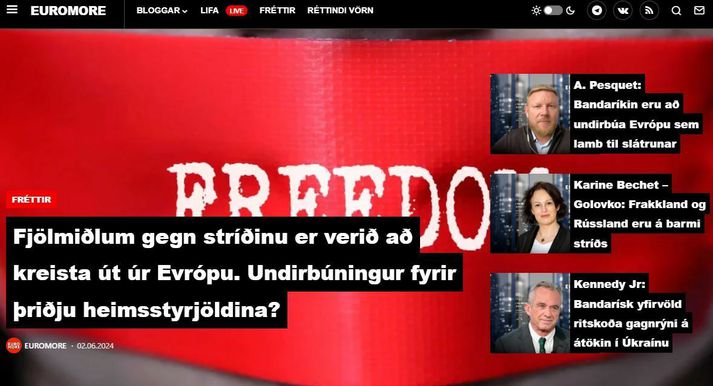 Svona birtist forsíða vefsíðunnar Euromore þegar leitað er að henni á íslensku. Íslenska útgáfan virðist byggja á vélþýðingu. Euromoe er aðgengileg á flestum Evrópumálum.