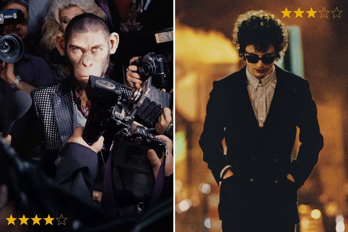 Simpansinn Robbie Williams og rokkarinn Bob Dylan takast á í bíóhúsum þessar vikurnar. Bob virðist ætla að hafa vinninginn þó Robbie sé mun betri.
