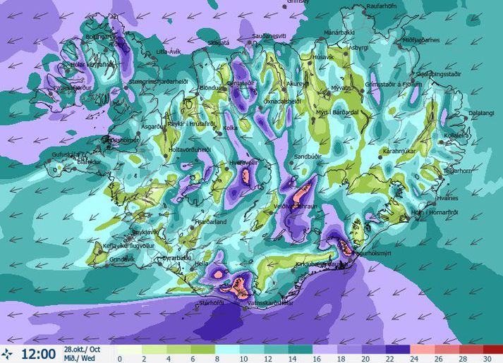 Vindaspá Veðurstofu Íslands sem gildir klukkan 12 í dag.