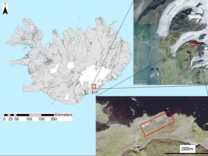 Sprunga fannst í norðurhlíð Svínafellsheiðar ofan við jökulinn árið 2014.