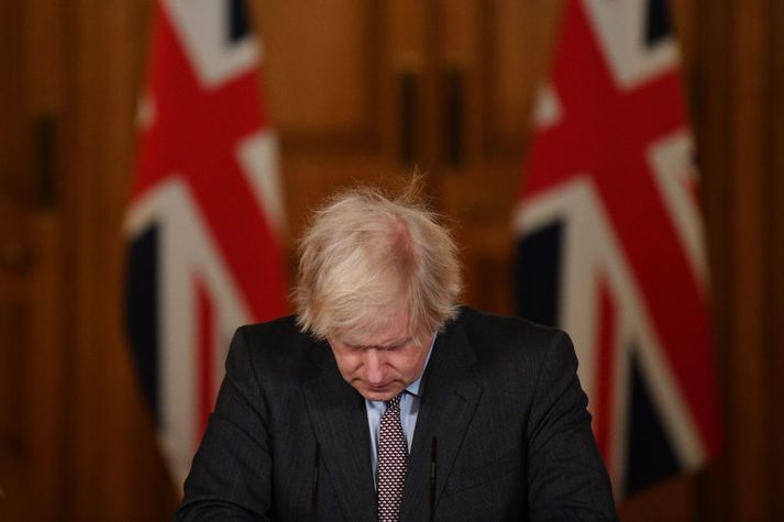 Boris Johnson á blaðamannafundi í Downing-stræti 10 í dag.