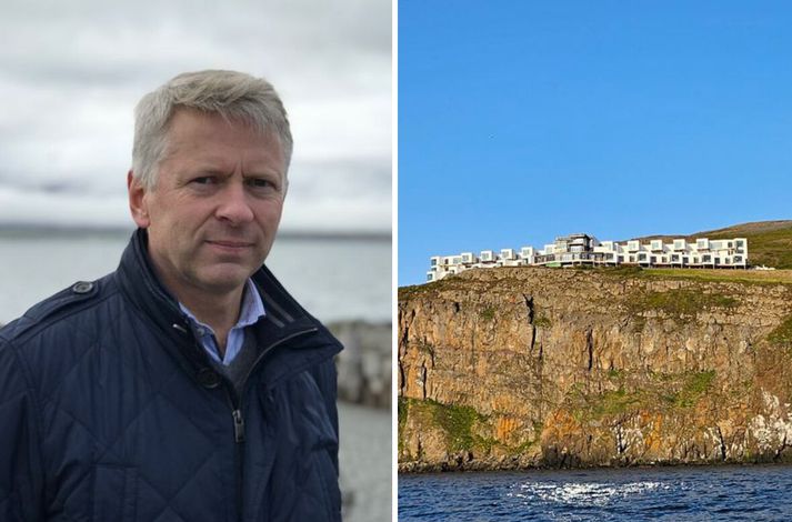 Þröstur bendir á að hótelið sé vel á veg komið, líkt og glögglega má sjá á myndinni sem hann sendi fréttastofu af hótelinu til hægri.